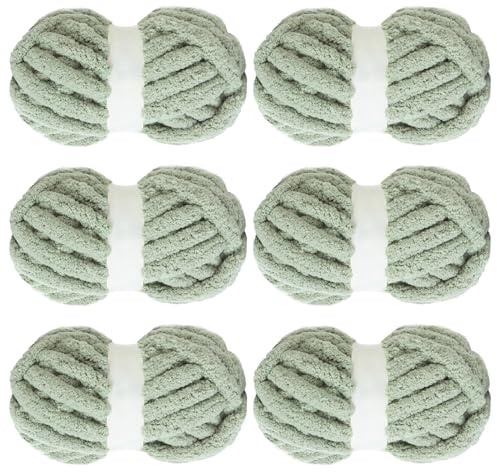 MABOZOO Chunky Yarn for Crocheting 6 Pack,Sage Green Fluffy Jumbo Chenille Yarn,Soft Plush Yarn Bulky,Giant Thick Fuzzy Yarn for Hand Knitting or Arm Knitting (31.7 yds,8 oz Each Skein)