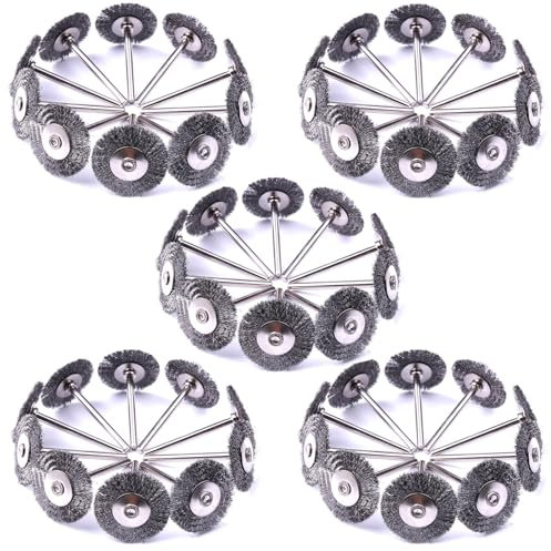 ATOPLEE Wire Wheel Brush Set,50pcs 1 inch/25mm Mini Wire Wheel with 3mm Round Shank,Alloy Steel Crimped Wire Brush Wheel for Cleaning Rust,Paint, Stripping and Abrasive,for Drill Attachment