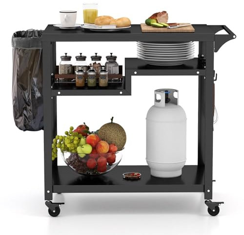 GIANTEX Carrello portaoggetti per esterni, ruote e ganci, tavolo di servizio mobile con maniglia laterale, tavolo da lavoro multifunzionale per preparare alimenti, nero (modello 2, 3 livelli)