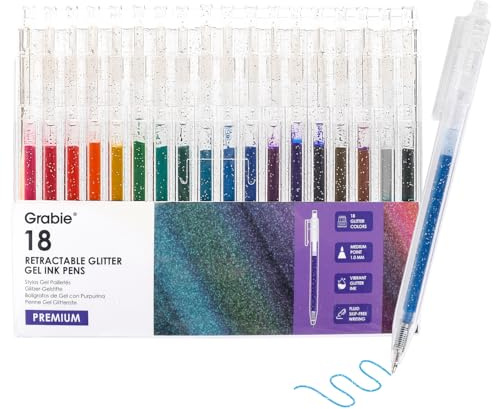 Grabie 18 stylos gel pailletés rétractables, 18 couleurs