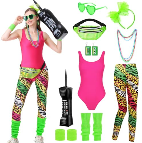 IUTOYYE Déguisement Année 80 Tenue Rétro Femme 80s Costume avec Débardeur, Leggings Artistiques, Chauffe-Jambes, Bandeau, Bracelets, Lunettes, Collier et Boucles d'Oreilles pour Carnaval et Fête Néon