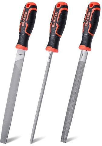 REALTEK Juego de limas para metal 3 piezas, 200mm, acero de alto carbono T12, incluye lima plana, lima semirredondas, lima redonda, para limar curvas y líneas rectas en metal