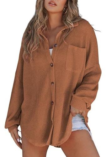 DUOEASE Blusas de Mujer Elegantes Cuello en V Waffle Chaqueta de Punto Mujer Camisa Casual-Caramelo-2XL