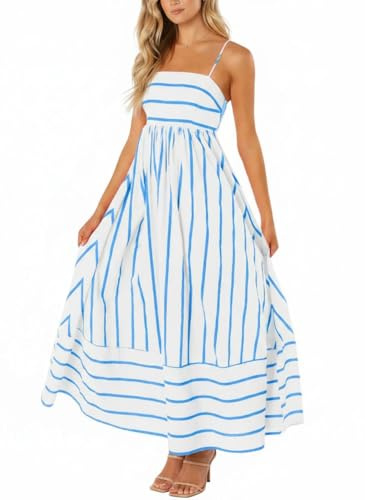 chouyatou Women's Striped Back Smocked Maxi Dress Sexy Spaghetti Strap Cut Out Flowy Swing Long Dress (Medium, Wide Blue White)