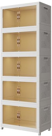 Abyssaly Stackable Plastic Storage Boxes with Lids, Foldable White Storage Box on Wheels, Large Collapsible for Bedroom, Wardrobe, Clothes, Toys 5Pack/60L