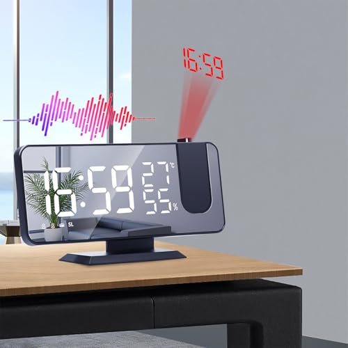 PZCC Reveil Projecteur Plafond, FM Radio Reveil Projection 180°，Alarmes Snooze Charge USB Reveil Numérique LED， 4 Niveaux de Luminosité12/24H Cadeaux de Noël pour Enfants（Noir）