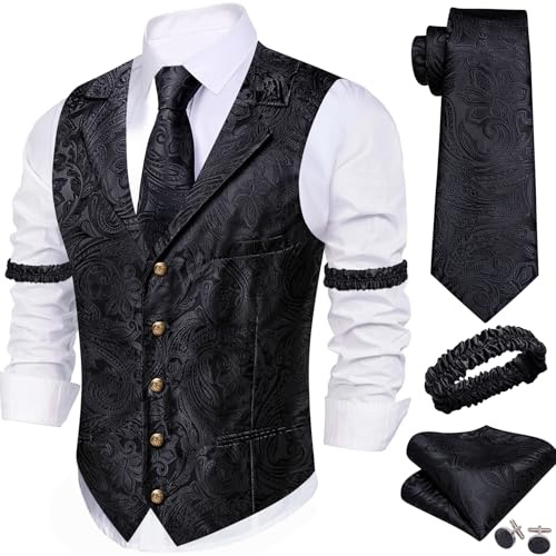 Barry.Wang Black Mens Vest Tie Sleeve Holder Set Silk Lapel Collar Business/Casual Flower Vests Wedding Tuxedo Waistcoat