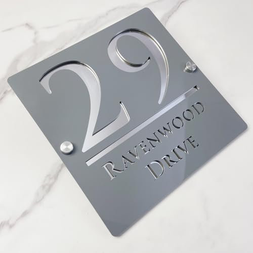 Cartello con numero civico sospeso vuoto 3D acrilico personalizzato con nome di strada fontana moderna | Segnale indirizzo negozio piastra porta (Grigi&Argento)