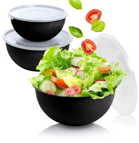EDANTI Salatschüssel Set groß mit Deckel 3 Schalen 2-5L Kunststoff Schüsselset Servierschalen ideal zum Mischen und Servieren Schale (Schwarz)