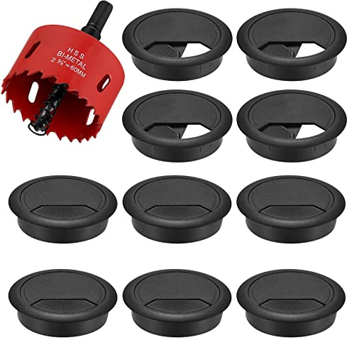 Lot de 10 œillets ronds pour table de bureau, plan de travail, gestion des câbles avec scie cloche - 60 mm (noir)