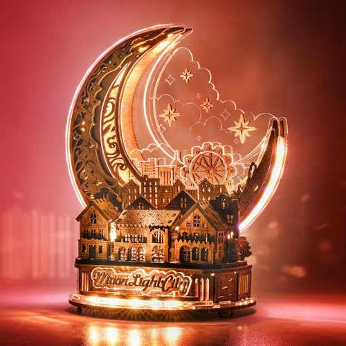FUNPOLA 3D DIY Puzzle Moon City Model - LED 3D Wood Puzzle - 3D Wooden Puzzles for Adults Home Décor Gifts for Kids and Adults, Brown
