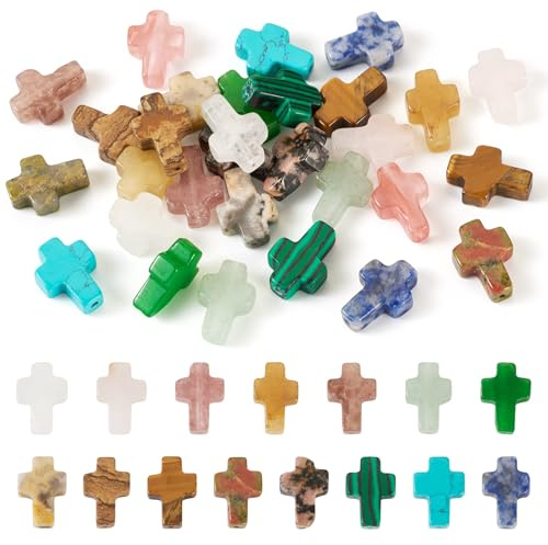 FASHEWELRY 30 cuentas de piedra de cruz natural, 15 estilos, forma de crucifijo, cuentas espaciadoras sueltas para manualidades, pulseras, collares, llaveros, joyas, manualidades