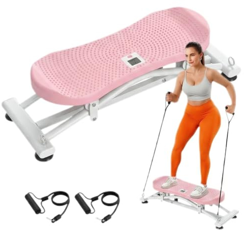 Balance Board for Adults, Rocking Stepper with Resistance Bands, Portable Wobble Board with LCD Monitor, 300 lbs Capacity Ski Trainer for Full Body Workout at Home Gym (Pink)