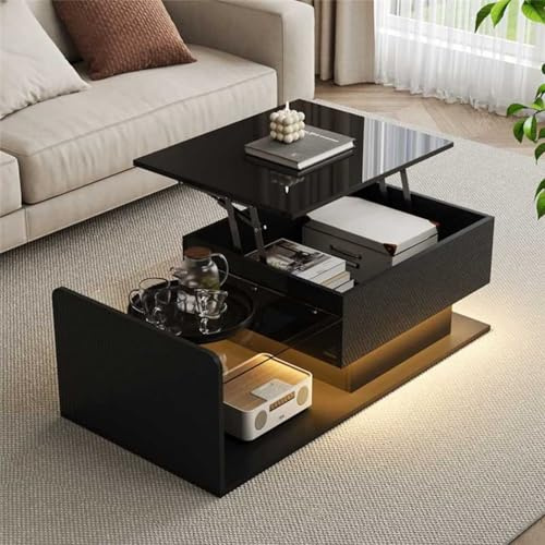 PUGSDRLY Table Basse 100×50×47.5cm avec Demi-Plateau en Verre et Demi-Plateau Relevable, Table Basse Noir Brillant avec Éclairage LED, Meuble de Rangement pour Salon Moderne (Black-1)