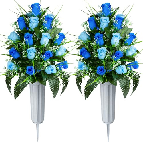 Kukooka Artificial Cemetery Flowers - Set of 2 Grave Memorial Rose Flowers with Vase for Cemetery Headstones Gravesites Decoration (Dark Blue & Light Blue)