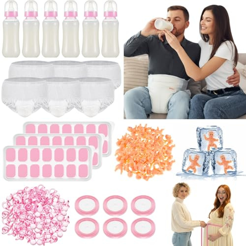 AceOrbit 121 Pcs Bottle Chug Baby Shower Game 4 Game for 6 Sets Pink My Water Broke How Big Is Mommys Belly Funny Chug Diaper Gift for Gender Reveal Bridal Party Supplies