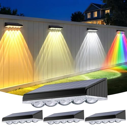 GEARLITE Solcellslampor för utomhusbruk trädgård 4 stycken med 5 | 3 färgtemperaturer + RGB, 10 lägen, utomhus vägglampa, 45 lumen, 1 200 mAh, IP65 vattentät, balkong, staket, terrass