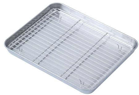 Vassoio da forno in acciaio inox con griglia in filo, teglia da forno raddoppiata con griglia a rete, teglia da forno con scolo per arrostire il pane e drenare il grasso, facile da (Grande con