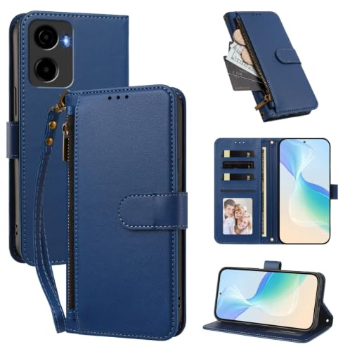 Telefonfodral Kompatibel med Cricket Magic 2 5G,Kompatibel med AT&T Propel 2 5G【Plånbok med dragkedja och handledsrem Kortfack Uppfällbart stativ】Blue