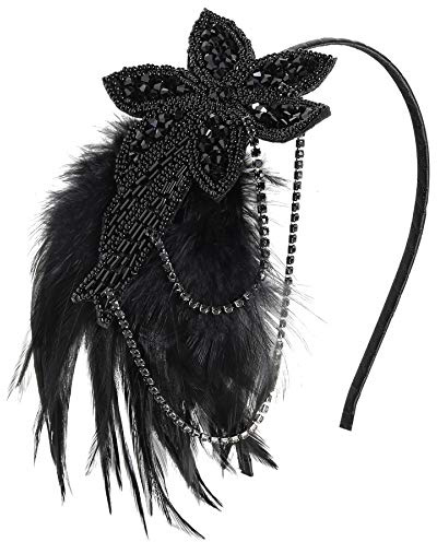 BABEYOND 1920s Flapper Headband Feather Beaded Headpiece Roaring 20s Great Gatsby Hair Accessory for Party (Black)