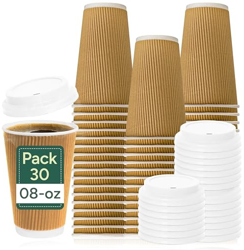 Zuvo Disposable Coffee Cups with Lids 30 Pack, 8oz - Takeaway Paper Cups for Hot Drinks | Triple Wall Ripple Insulated | Leak-Proof Kraft Cups for Office, Events & On-the-Go