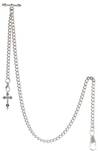 TREEWETO Taschenuhrkette mit T Bar Endstück Albert T-Bar Taschenuhr Kette mit Antiker Kreuz Anhänger und 2 Haken für Weste Knopfloch Silber