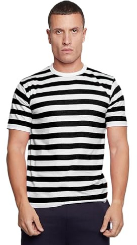 WickedFun Active Star® Men Women RED Blue Black & White Striped Stripe T-Shirt Short Sleeve Crew Neck TOP TEES (Black White, Large)