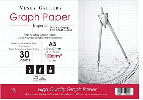 Vesey Gallery A3 Imperial Scale Graph Paper Pad. 120gsm. 1/8th, 1/2 and 1 inch Scale. Made in UK.