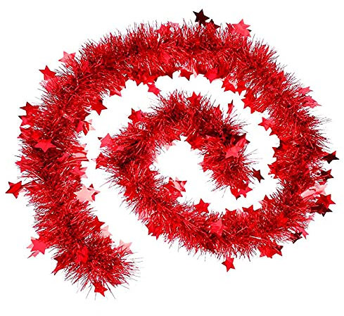 Acan Tradineur - Guirnalda navideña roja con Estrellas, 180 cm, diámetro 10 cm, espumillón Brillante, oropel Colgante, decoración Navidad, árbol, chimeneas, escaleras, Fiesta de cumpleaños, Bodas