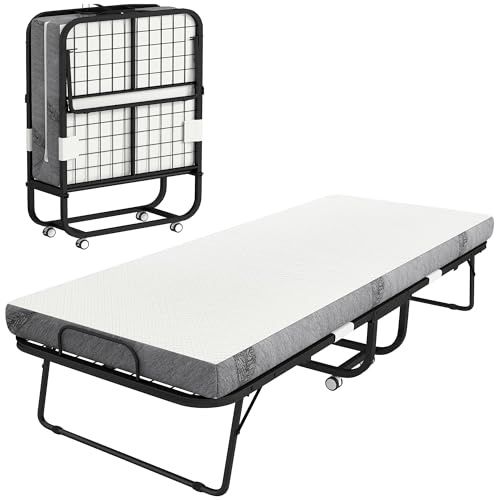 HOMCOM Cama Plegable 200x80 cm con 4 Ruedas, Cama de Camping Portátil, con Colchón Individual de 10 cm, Marco de Acero, Carga 150 kg, para Dormitorio, Salón, Oficina, Blanco