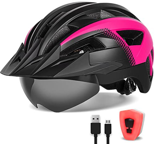 FUNWICT Casco Bici per Uomo Donna Adulto, Leggero Casco MTB con Visiera Rimovibili Occhiali Magnetici e LED Luce Ricaricabile, Casco Ciclismo da Corsa Caschetto Bici (M: 54-58 cm, Nero Rosa)