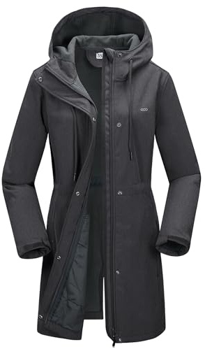 33,000ft Women's Waterproof Softshell Jacket Long Hooded Functional Jacket | Fleece lining, 2-Way Zipper, 4 Pockets, Adjustable Waist, Windproof, Warm, Breathable, for Outdoor, Hiking, Walking