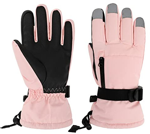 QKURT Mädchen Skihandschuhe, Kinder Winter wasserdichte Schneehandschuhe, Kinder Outdoor Sports Snowboard Skate Handschuhe Skifäustlinge mit Tasche für Mädchen Jungen 6-8 Jahre Alt