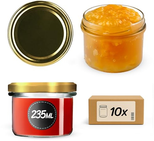 KADAX 10 st. konserveringsburkar med skruvlock, 235 ml burkar fi82, konserveringsburkar, små syltburkar med lock, lufttäta burkar att ge bort, skruvglas (guld)