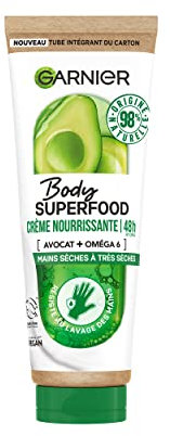 Garnier Body Superfood - Crème Mains Nourrissante 48H à l'Avocat & Oméga 6 - Formule Vegan à 98% d'Ingrédients d'Origine Naturelle - Pour Mains Très Sèches - 75 ml