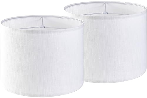 Set of 2 Pure White Linen Drum Lamp Shade 13 Top x 13 Bottom x 10 High (Spider) Contemporary Lamp Shades for Table Lamps & Bedside Lamps Replacement Lampshade - GO&SO - Assembly is Required
