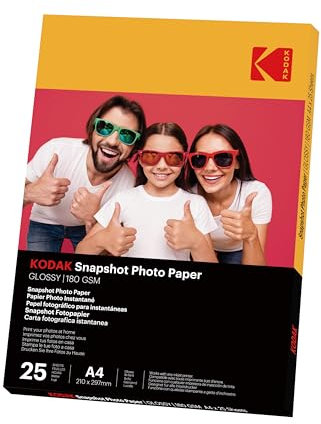 KODAK Snapshot Photo Paper – Sofort-Fotopapier, glänzende Oberfläche, Packung mit 25 Blatt Fotopapier, DIN A4 (21 x 29,7 cm), 180 g/m², kompatibel mit Tintenstrahldruckern