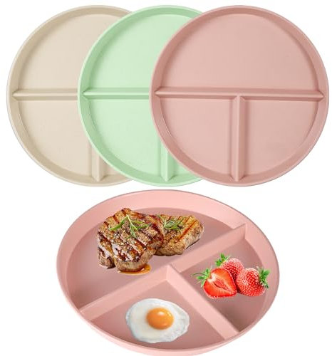 Portion Control Divided Plates, 3pcs 8.85 Unbreakable Compartment Plates, Diet Tray Reusable Dishes for Children, Kids, Adult - Microwave Safe
