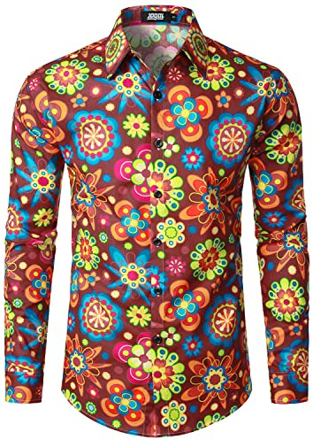 JOGAL Mens Regular fit Floral Dress Shirt Long Sleeve Printed Casual Button Down Shirts WineredYQ Large