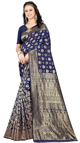 Sugathari Sari Banarasi en pure soie Kanjivaram pour femme Design 2023 Design Wear Pattu Sari Dernières collections de sari de fête avec chemisier pour mariage sadi (SAM PARI-161), Bleu marine, taille
