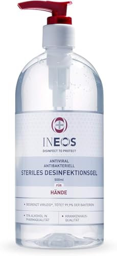 INEOS - Desinfektionsgel auf Alkoholbasis - Händedesinfektion - Gegen Viren und Bakterien - 500 ml x 12 - Parfümfrei, Verpackung Kann Variieren
