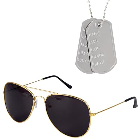 Kitimi 2 PCS Lunettes de Pilote Accessoires Lunettes de Soleil Homme Militaire Armée Dogtag, Chaîne Militaire, Pendentif Collier Homme pour Carnival Fête à Thème Jeu de Rôle Costume Dress Up