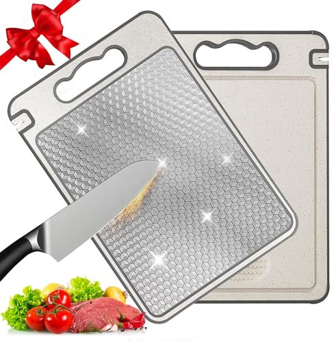 BOYUNSHI Cutting Board for Kitchen Double Sided 304 Stainless Steel & Wheat Straw Chopping Boards, Scratch Resistant Mesh Design, Non Toxic Chopping Board for Meat and Vegetables, Dishwasher Safe