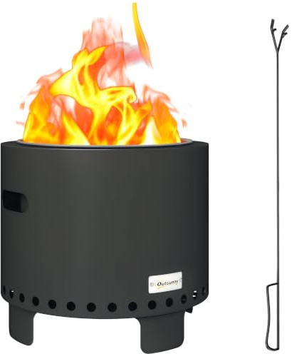 Outsunny Smokeless Fire Pit, 45cm Portable Wood Burning Firepit with Poker, Stainless Steel Liner for Garden Camping Bonfire Party, Steel, Dark Grey