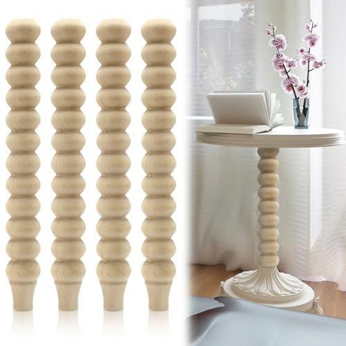 Weysat 4 Pcs Turned Table Legs Unfinished Cottage Farmhouse Rubber Wood Bench Legs Solid Wood Mid-Century Wooden Furniture Coffee Table Replacement, 16 H x 2 W