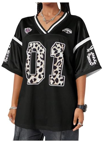 GORGLITTER Women's Oversized T Shirts Leopard Number Graphic Jersey Shirts V Neck Half Sleeve Loose Streetwear Tops Black L