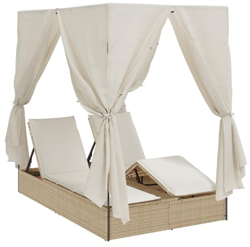 vidaXL Lettino Doppio per Prendere Il Sole con Tetto Regolabile e Tendine in Rattan Sintetico Beige - Lettino da Giardino Perfetto per Patio, Balcone e Terrazza