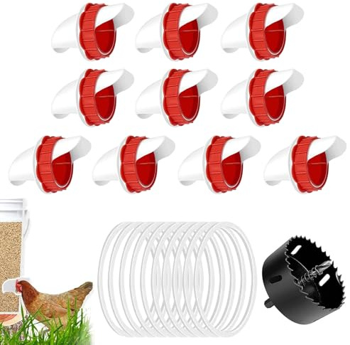 Futterspender Hühner Ohne Abfall,Hühnerfutter Hühnertränkenset Automatisches Set,DIY Futterspender Hühner Kit mit Stopper Lochsäge,Hühnerfutterautomaten Zubehör für Eimer Kisten Tröge (Rot, 10 Stück)