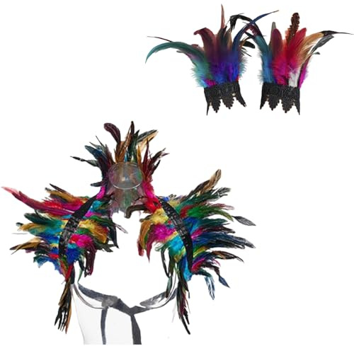 AWAVM - Collar de plumas, pulsera de plumas, cuello y chal, disfraz de Halloween, pluma, hombro, para mujer, gargantilla para foto y fiesta, multicolor, Talla única