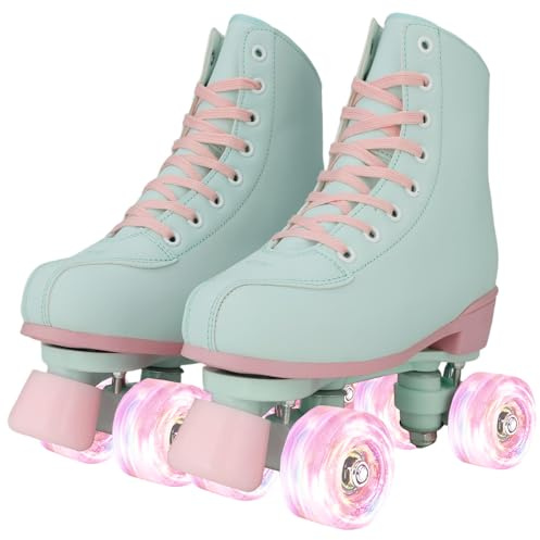 XUDREZ Rollschuhe für Mädchen und Damen, Rollschuhe für Erwachsene, Derby-Skates, Minzgrün, für Kinder, Anfänger, drinnen und draußen (Blitzrad 38)